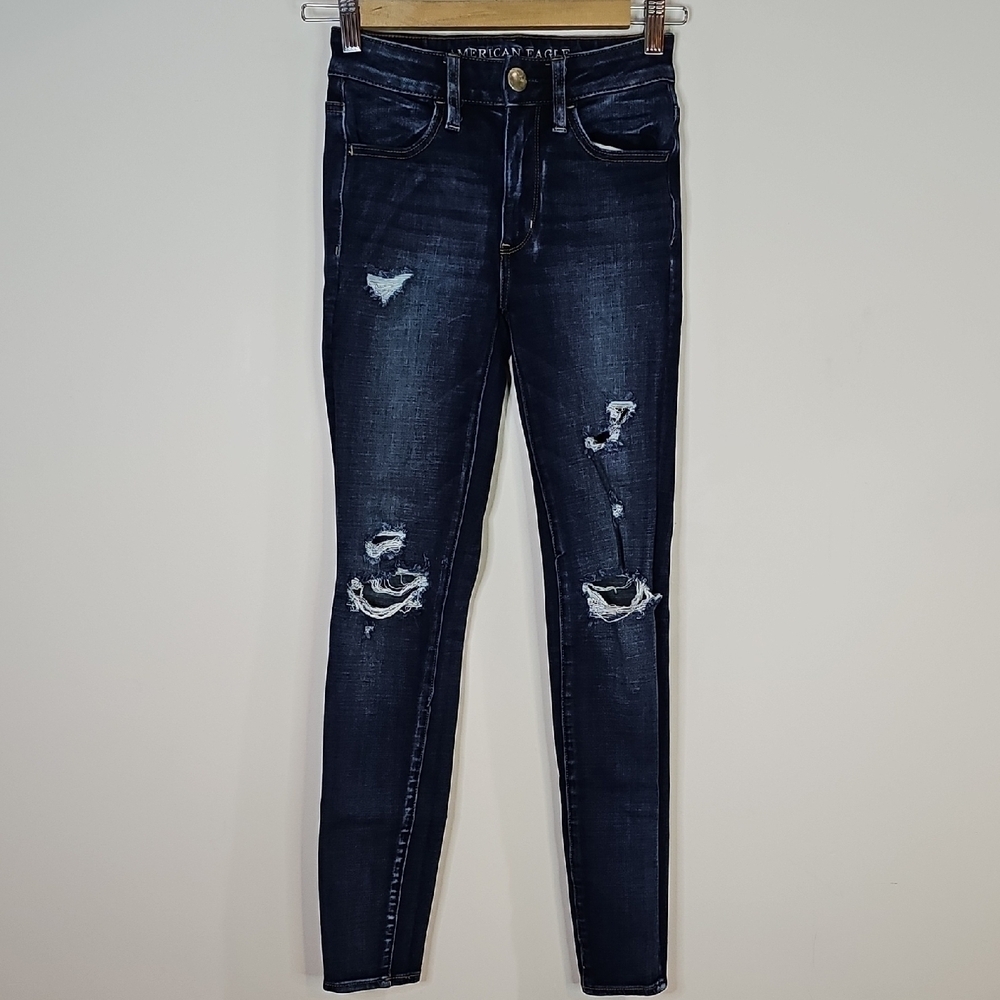 American Eagle360 Super Stretch Size 00 Distressed Dark Wash High Rise Jeggings